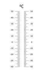 Vertical Celsius thermometer degree scale. Graphic template for meteorological measuring tool isolated on white background. Vector outline illustration.