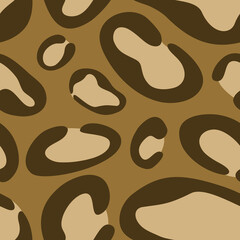 Flat vector seamless pattern with trendy leopard print. Lots of brown round abstract spots on beige background. Graphic fashion element. Background illustration for packaging, fabrics, banners design