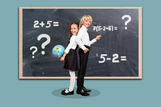 Composite collage picture of two positive happy kids stand near blackboard hold pointer globe solving algebraic equation