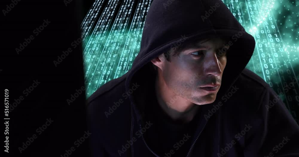 Poster animation of caucasian hacker over data processing on dark background