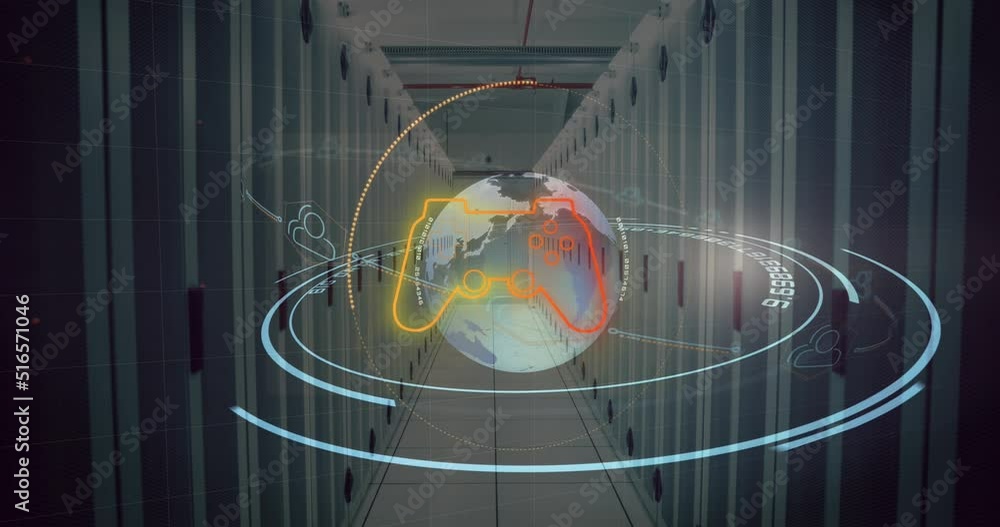 Poster animation of globe and scan scope over server room