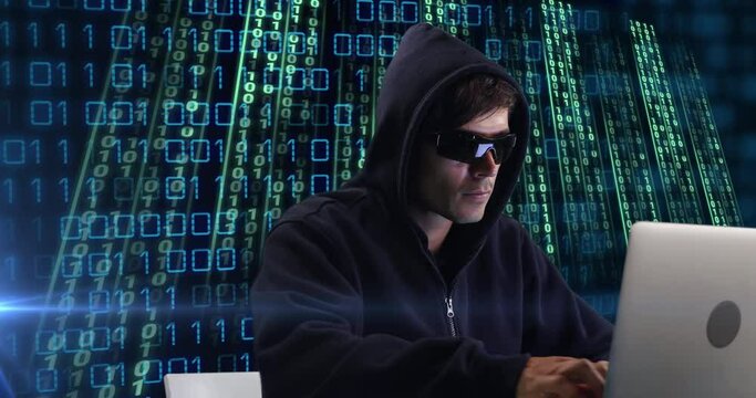Animation of caucasian hacker over data processing on dark background