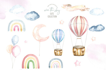 Cute watercolor air balloon illustration set, ribbon,clous, rainbow, balloons, boho woodland baby shower design set for kids, nursery baby shower invitation,greeting card,birthday party sticker diy