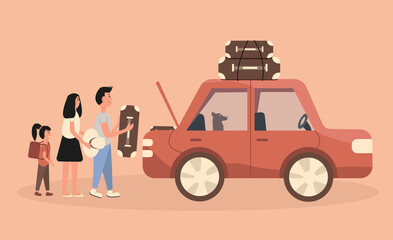 Happy family with kid packing car for vacation road trip, journey by car vector illustration. Travel concept. Family next to a car with luggage. Father, mother, daughter, dog. 