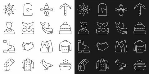 Set line Hotdog sandwich, Sweater, Beanie hat, Kayak paddle, Whale tail, Viking head, Ship steering wheel and icon. Vector