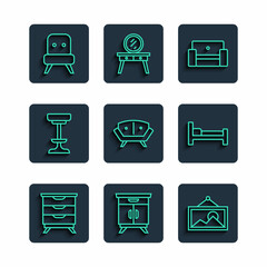 Set line Furniture nightstand, Picture, Armchair, Sofa, Chair, and Bed icon. Vector