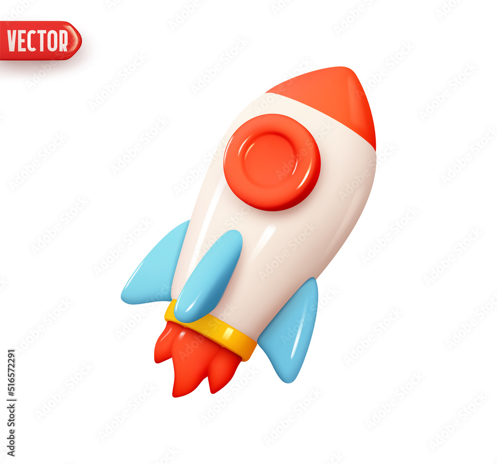 Poster rocket take off up. flight spaceship. realistic 3d design element in plastic cartoon style. icon iso