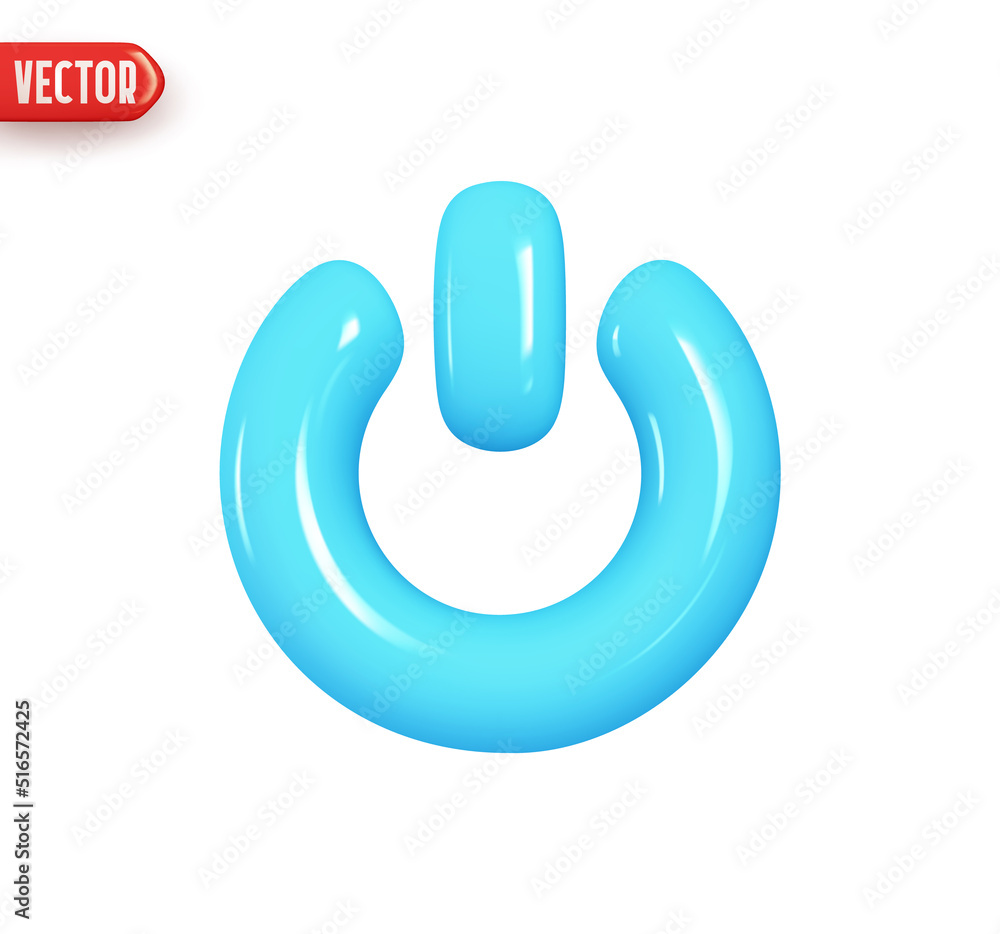 Poster blue power button. turn off and on button. realistic 3d design element in plastic cartoon style. ico