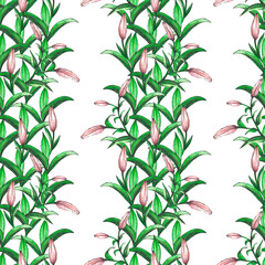 Seamless pattern of lilies. Background for greeting card, website, printing on fabric, gift wrap, postcard and wallpapers.