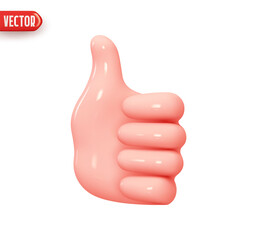 Hand thumb up. Pink Hand gesture of approval class. Realistic 3d design element In plastic cartoon style. Icon isolated on white background. Vector illustration