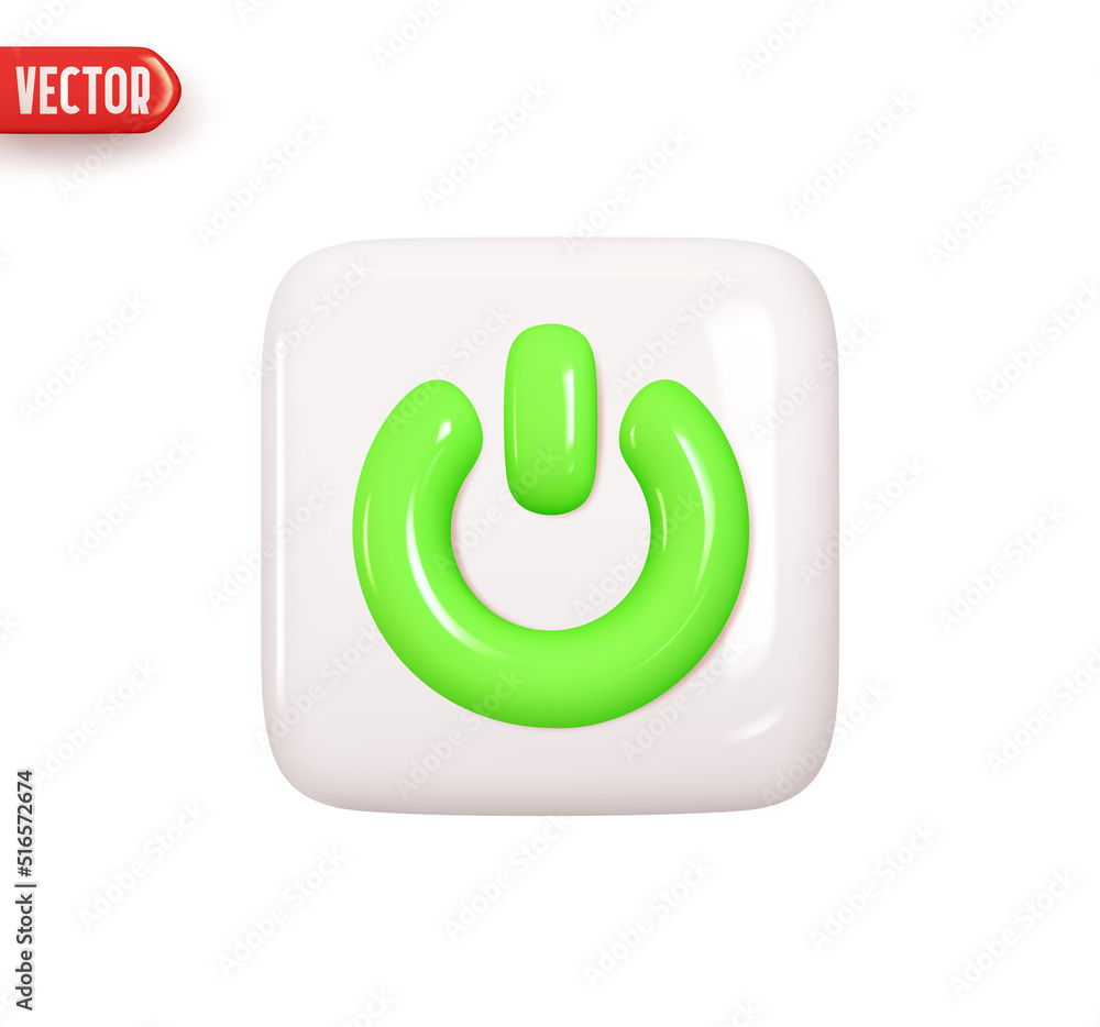 Poster turn off and on button. square power button. realistic 3d design element in plastic cartoon style. i