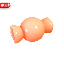 Pink candy in wrapper. Abstract minimal element decor. Realistic 3d design element In plastic cartoon style. Icon isolated on white background. Vector illustration