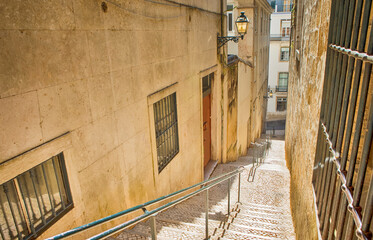 Traveling Through Portugal. Picturesque Empty Sunny Autumn Summer Streets of Lisbon City With...