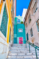 Portuguese Traveling. Traditional Old Houses of One of The Old Portuguese Colorful Buildings in Lisbon in Portugal - obrazy, fototapety, plakaty