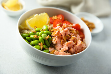 Healthy salmon poke with edamame beans