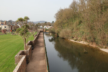 Fototapeta na wymiar The River Sid in Sidmouth taken from the new Alma Bridge looking inland from the sea