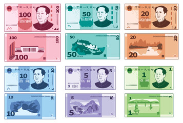 Chinese currency yuan. Chinese money front and back vector illustration collection. - obrazy, fototapety, plakaty