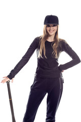 Smiling Positive Winsome Sportive Caucasian Female Baseball Player Athlete Posing With Ball and Bat Wearing Sport Outfit With Cap Against Pure White