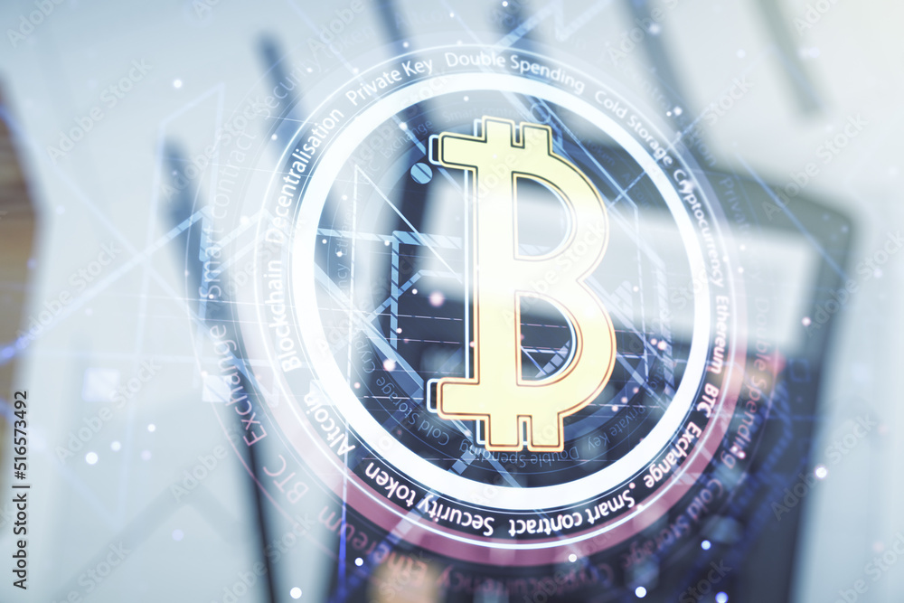 Poster double exposure of creative bitcoin symbol hologram on calculator and papers background. mining and 