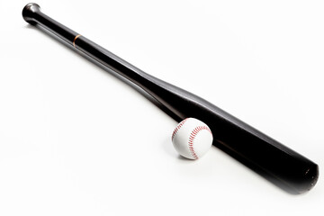 Sport Concepts. Full Length Closeup of Brown Wooden Baseball American Bat Along With Leather Ball Placed Together Over White Background