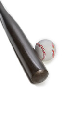 American Sport Ideas. Closeup of Wooden Brown American Baseball Bat Along With Clean Leather Ball Placed Together Over White Background