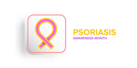 Psoriasis awareness month concept horizontal banner design template with yellow and violet ribbon and text isolated on white background. August is Psoriasis awareness month vector flyer or poster