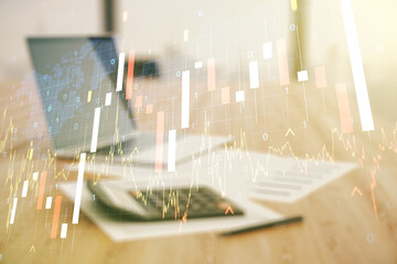 Multi exposure of virtual creative financial graph and world map on calculator and laptop background, forex and investment concept