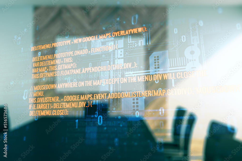 Leinwandbilder Multi exposure of abstract programming language hologram on a modern furnished office interior background, artificial intelligence and machine learning concept