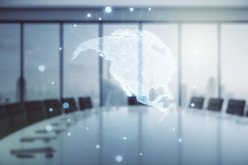 Double exposure of graphic America map hologram on a modern boardroom background, big data and digital technology concept