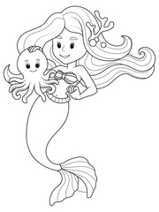 Isolated character, mermaid with octopus. Raster illustration, page coloring book.