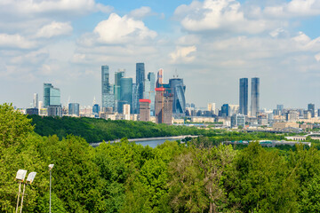 Fototapeta na wymiar Skyscrapers of Moscow city seen from Sparrow mountains, Russia