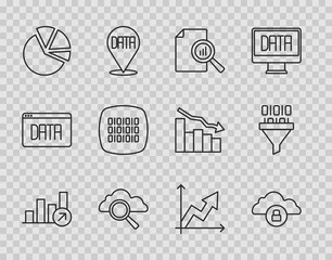 Set line Financial growth, Cloud computing lock, Document with graph chart, Search cloud, Pie infographic, Binary code, and icon. Vector