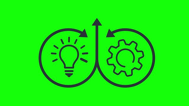 Theory and practice. Technology and education. The animated arrow combines the gear and the lamp. Green screen, 4K.