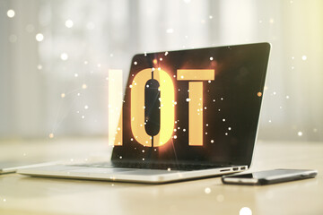 Creative IOT illustration on modern computer background, future technology concept. Multiexposure