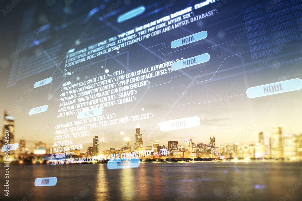 Poster multi exposure of abstract programming language hologram on chicago office buildings background, art
