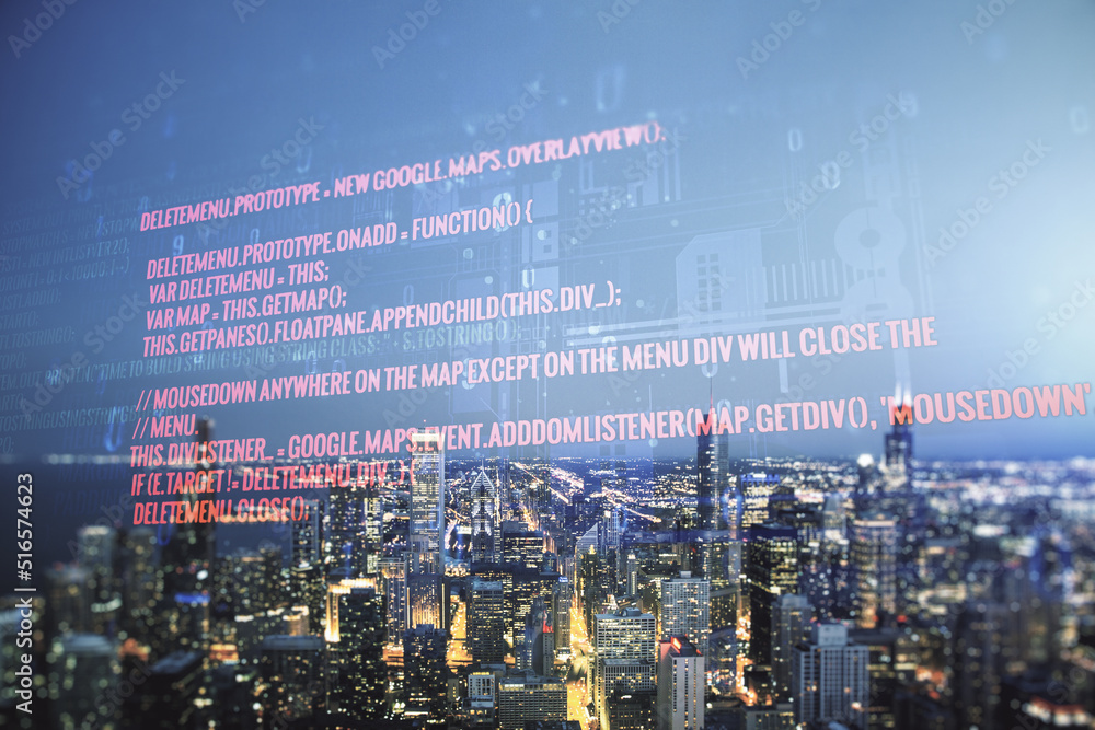 Poster multi exposure of abstract programming language hologram on chicago office buildings background, art
