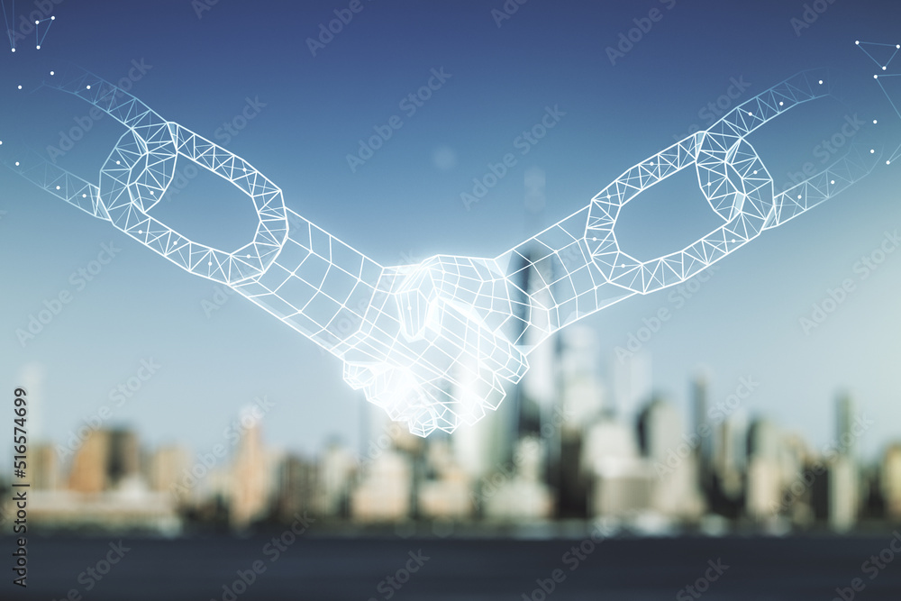 Poster abstract virtual block chain technology sketch with handshake on blurry office buildings background,