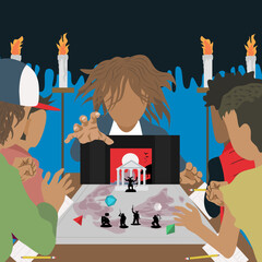 group of kids playing pen and papper role playing game