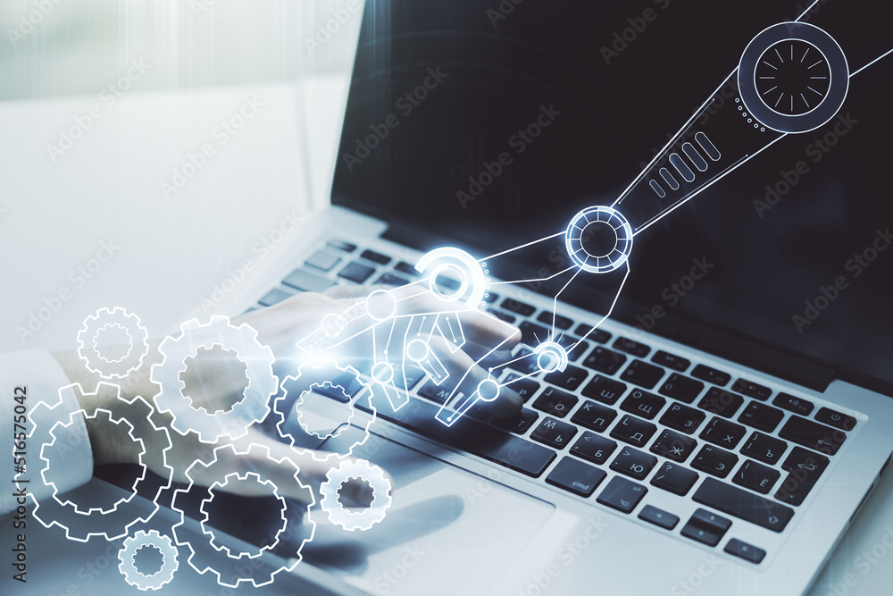 Leinwandbilder creative abstract robotics technology sketch and hands typing on computer keyboard on background, fu