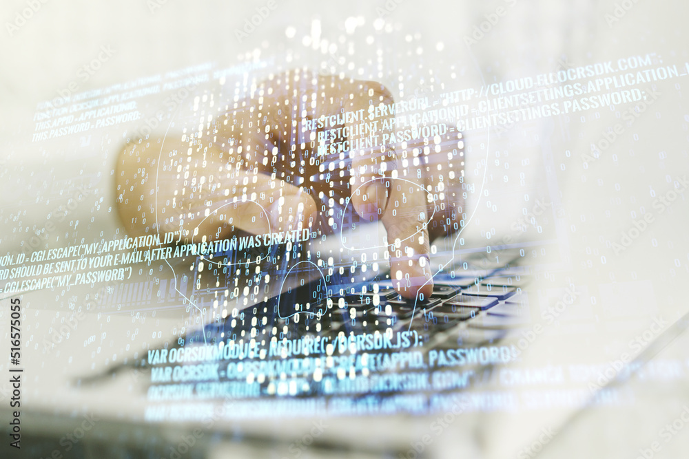 Poster creative code skull hologram and hands typing on computer keyboard on background, cybercrime and hac