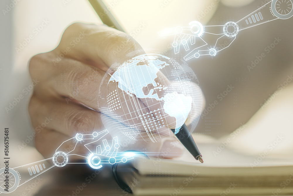 Aufkleber creative concept of robotics technology with globe sketch and woman hand writing in notebook on back