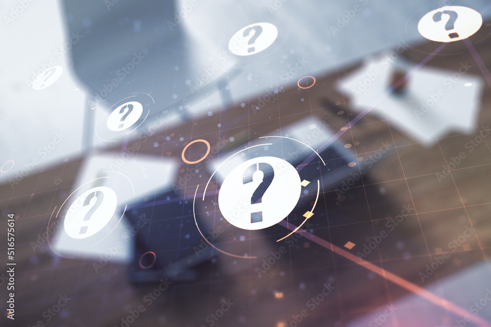 Aufkleber Creative concept of question mark illustration and modern desktop with computer on background. FAQ and search concept. Multiexposure