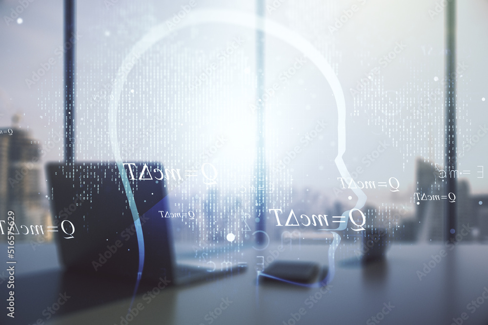 Poster creative artificial intelligence concept with human head hologram and modern desktop with computer o