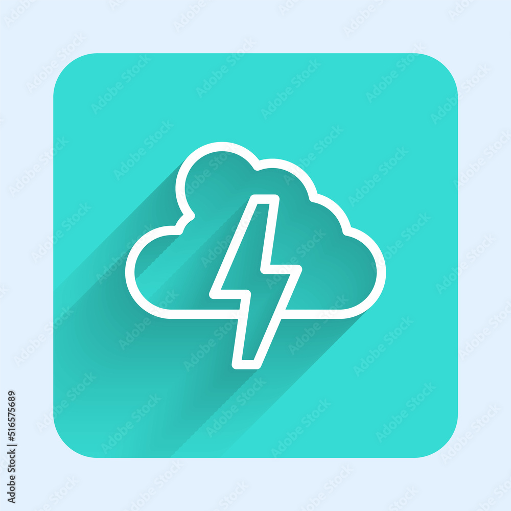 Poster white line storm icon isolated with long shadow background. cloud and lightning sign. weather icon o