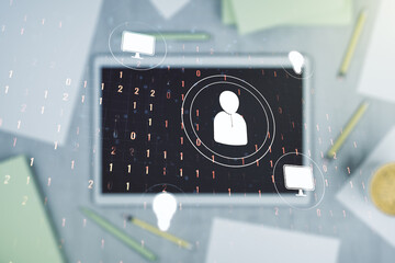 Double exposure of social network icons concept and modern digital tablet on background. Networking concept