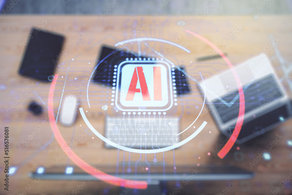 Aufkleber Double exposure of creative artificial Intelligence abbreviation with computer on background. Future technology and AI concept