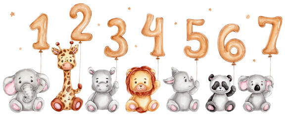 Jungle animals with numbers balloons; watercolor hand drawn illustration; with white isolated background