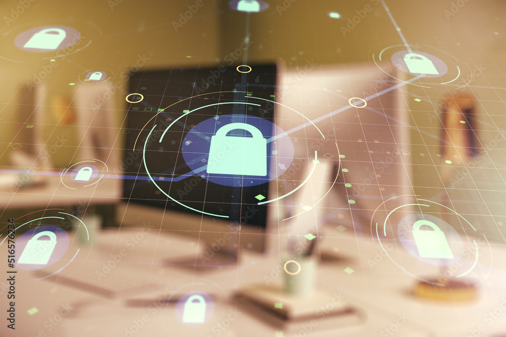 Poster double exposure of creative lock hologram with chip on laptop background. information security conce
