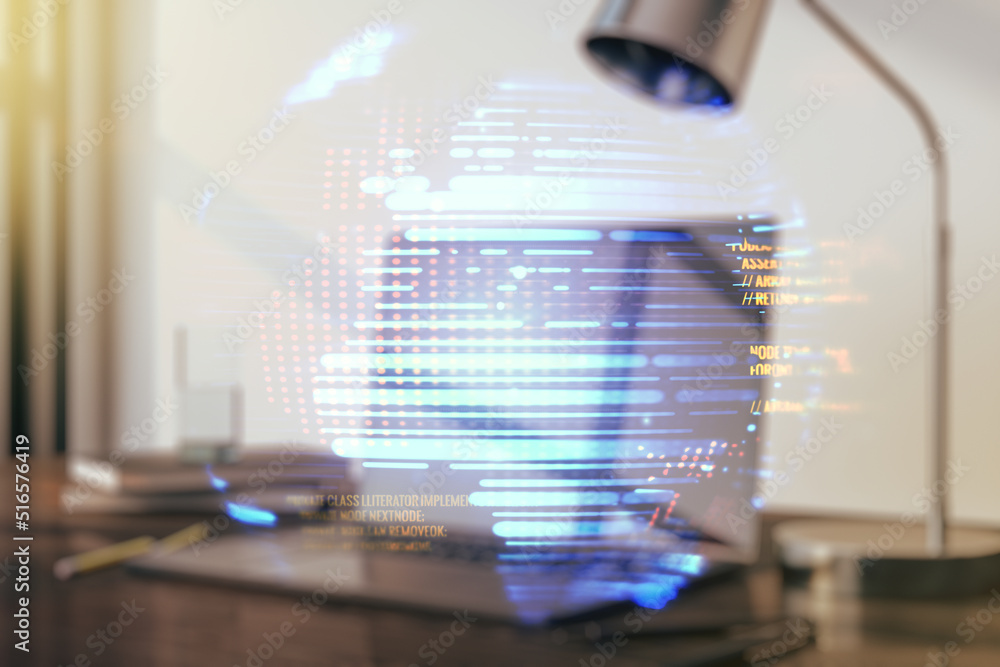 Aufkleber abstract creative coding concept with world map on modern laptop background. multiexposure