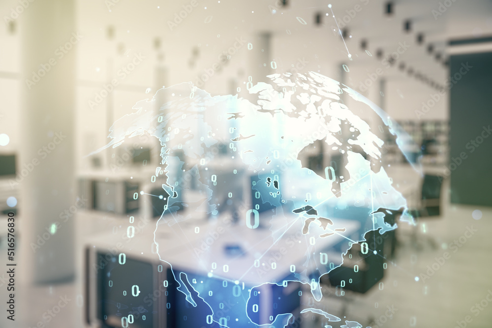 Poster abstract virtual coding concept and world map hologram on a modern furnished office background. mult